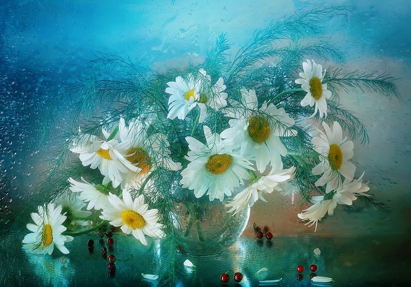 ромашки, лето, букет, цветы, акварель Ромашки вееромphoto preview