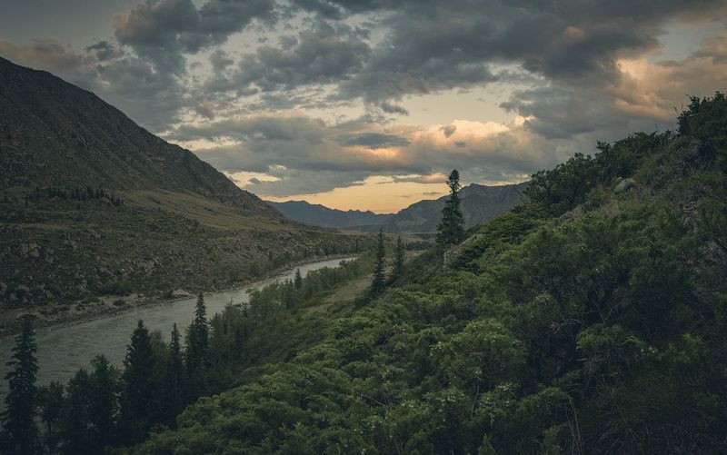 катунь, алтай, река, горы, долина, вечер, облака, долина, Вечерняя Катуньphoto preview