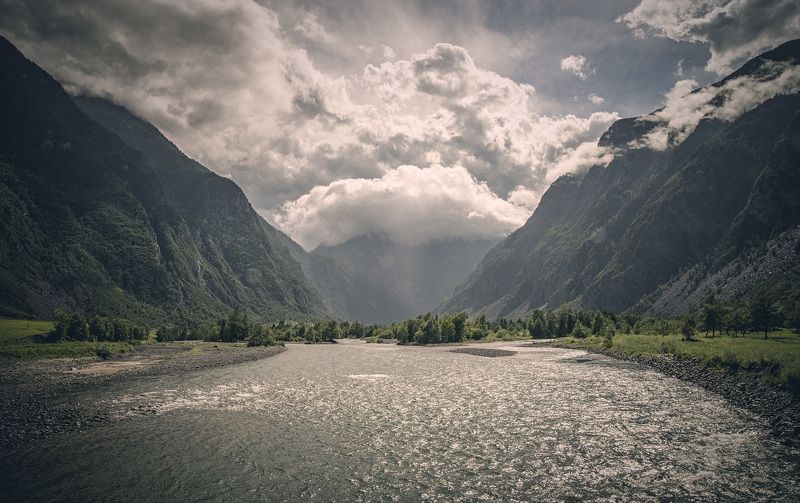 река, горы, долина, облака, дождь, солнце, алтай, башкаус Башкаус после дождяphoto preview