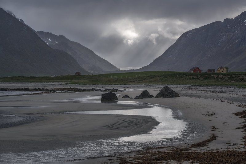 arctic, barn, beach, blue, cliff, clouds, green, house, landscape, lofoten, lofoten islands, long exposure, mountain, nature, nopeople, norway, outdoors, puddles, rock, sand, scandinavia, scenic, sea, seashore, seaweed, shore, sky, sunrays, uttakleiv beac Shades of Greyphoto preview