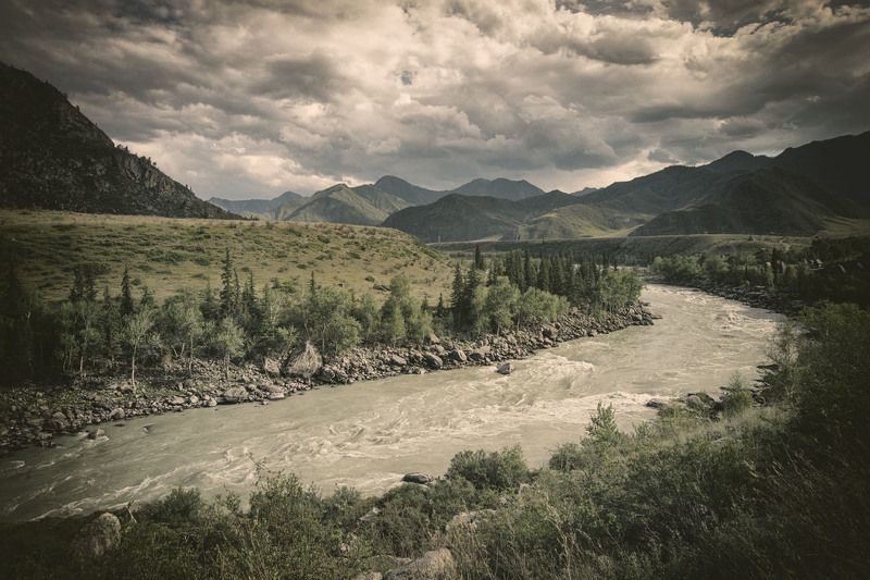катунь, алтай, река, горы, долина, облака, вечер Катуньphoto preview