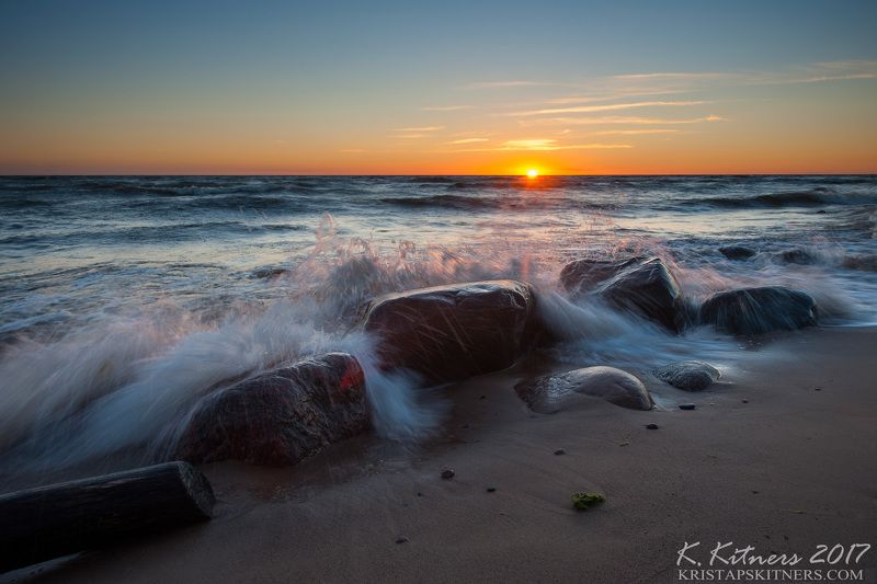 sea seascape water wave sky clouds stone reflection sunset evening latvia Evening Wavephoto preview