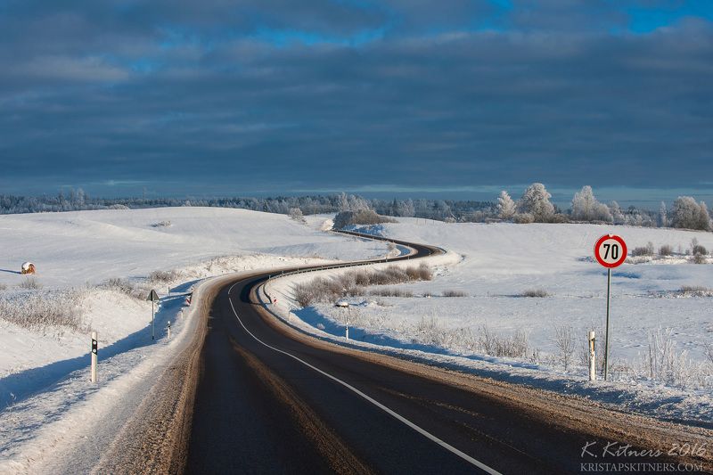 snow way road tree forest white winter sky clouds latvia landscape field sign The Winter Roadphoto preview