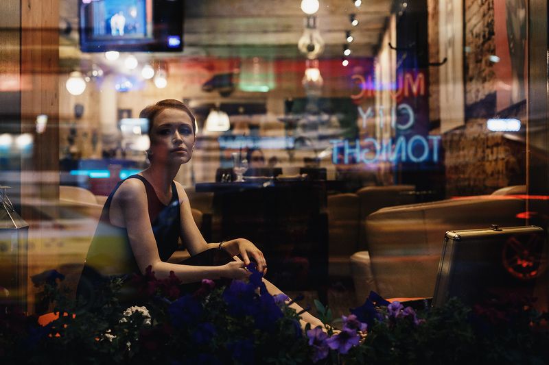 girl,cafe,street,city,night,mood,light,neon,car,reflection,beauty Summer night cityphoto preview