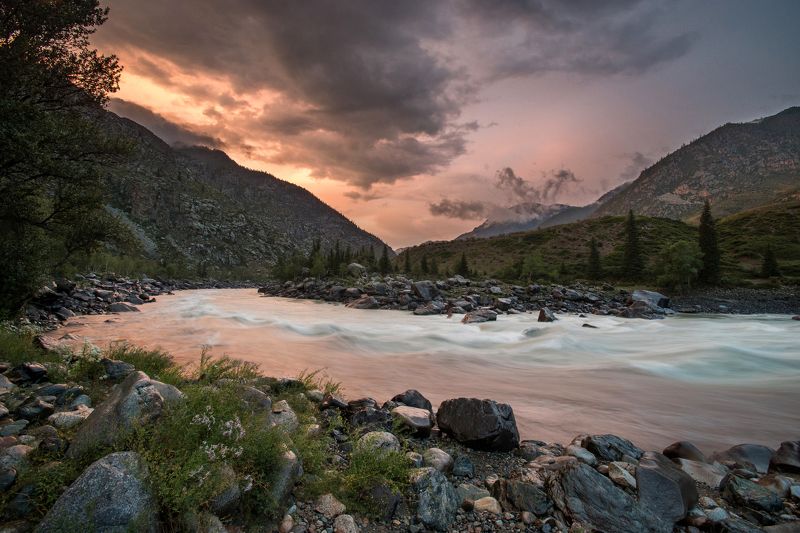 Altai, river, sunset, Алтай, Катунь, пейзаж, закат Краски Кордонаphoto preview