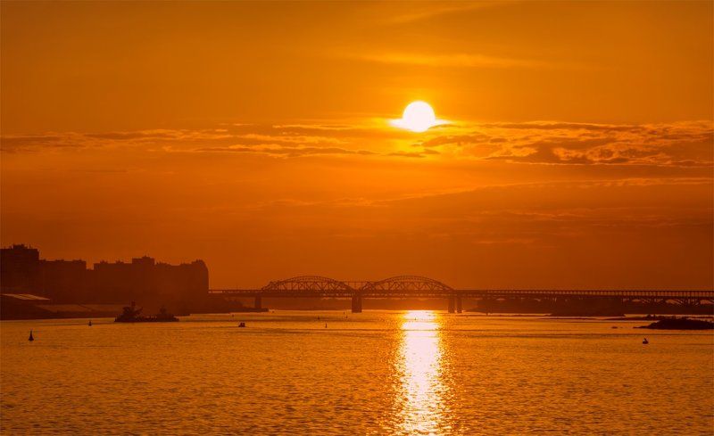 пейзаж, мост, закат, вечер, река, волга, солнце, облака Пеклоphoto preview