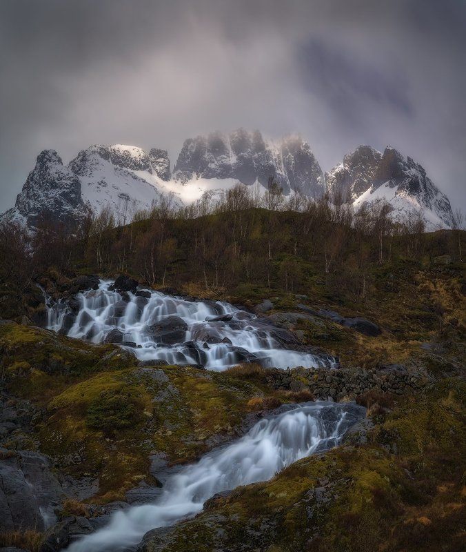 Alpine birch, Birch Trees, bourn, brook, Cliffs, creek, daylight, Falls, fog, Landscape, Lofoten Islands, Long Exposure, Misty, Moskenes, moss, Mountain birch, mountains, nature, no people, Norway Scandinavia, outdoors, rill, Rocks, scenic, Sky, Snow, str Fallsphoto preview
