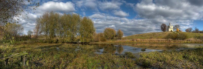 пейзаж, панорама, мостик, церковь, пруд, облака, деревья photo preview