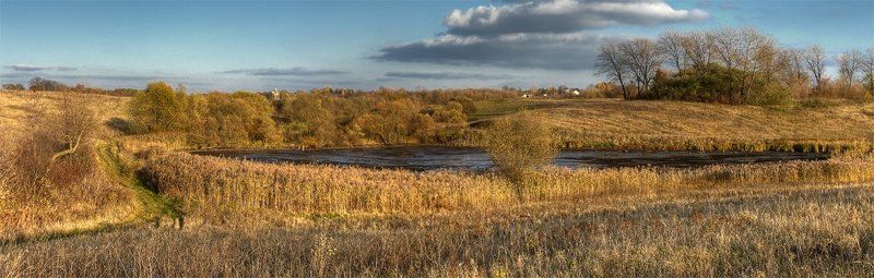 панорама, пейзаж, поле, пруд, деревья, облака photo preview