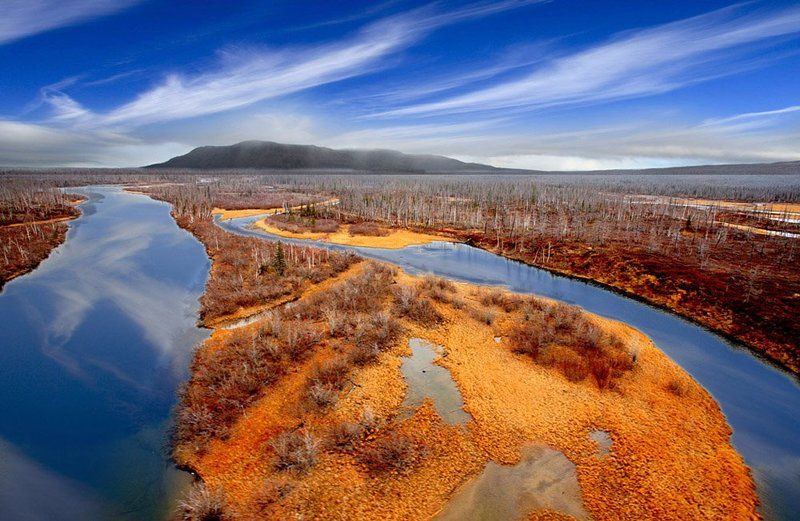 таймыр, тундра, река, облака Полуостров \