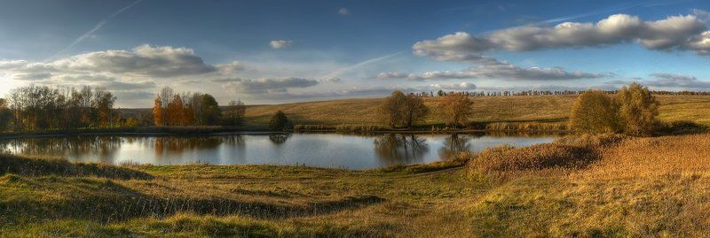 панорама, пейзаж, поле, пруд, деревья, облака photo preview