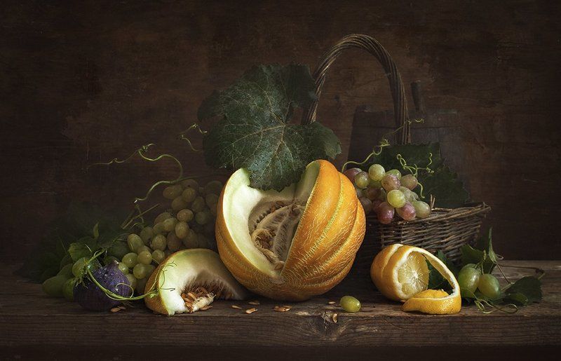 натюрморт, дыня, виноград, инжир, still life, melon Натюрморт с дыней и лимономphoto preview