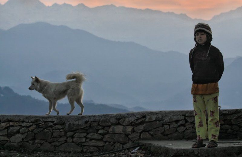 непал, гималаи, мальчик, раннее утро, утро, рассвет,  собака, мальчуган, пижама, горы Патрулируя рассвет в Гималаях :)photo preview