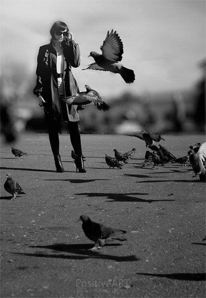 девушка, черно, белое, птица, Мария Мальгина