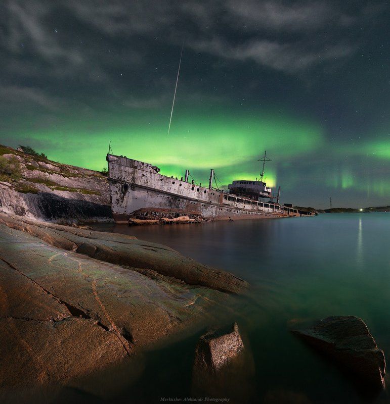 полярное сияние, заполярье, побережье *** фото превью