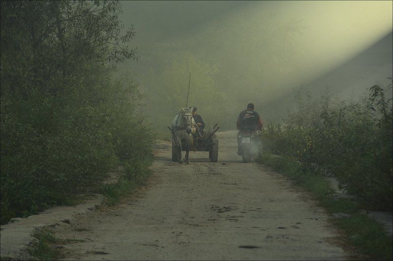 деревня, рассвет, туман, телега, разъезд, навстречу, утренние лучи, мопед, встреча Утреннее движениеphoto preview