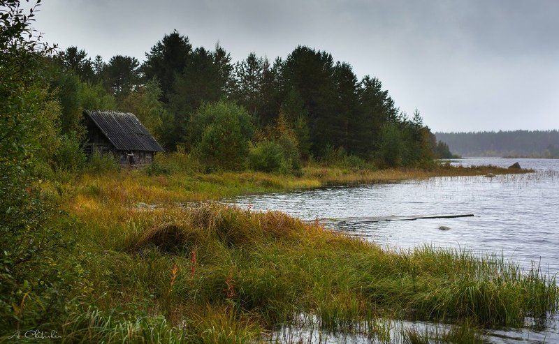 карелия, линдозеро, пейзаж, осень, октябрь, золото, закат, озеро, старая банька, саров Карельские мотивыphoto preview