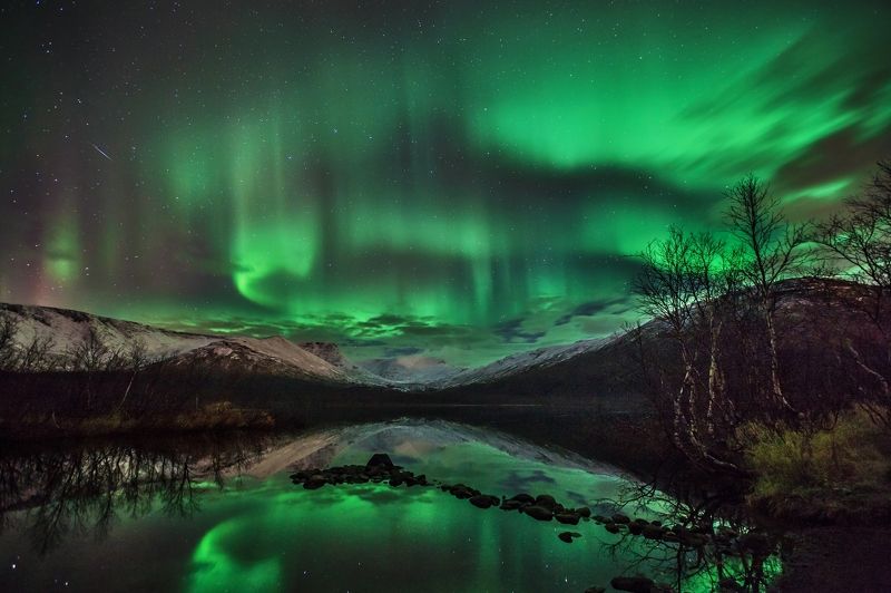 хибины, горы, ночь, сияние, метеор, звезды, небо, осень, озеро, кольский, север, заполярье, путешествие Осеннее сияниеphoto preview