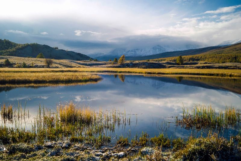 природа пейзаж алтай утро горы вершины облака ештыколь озеро отражение Ранним утром...photo preview