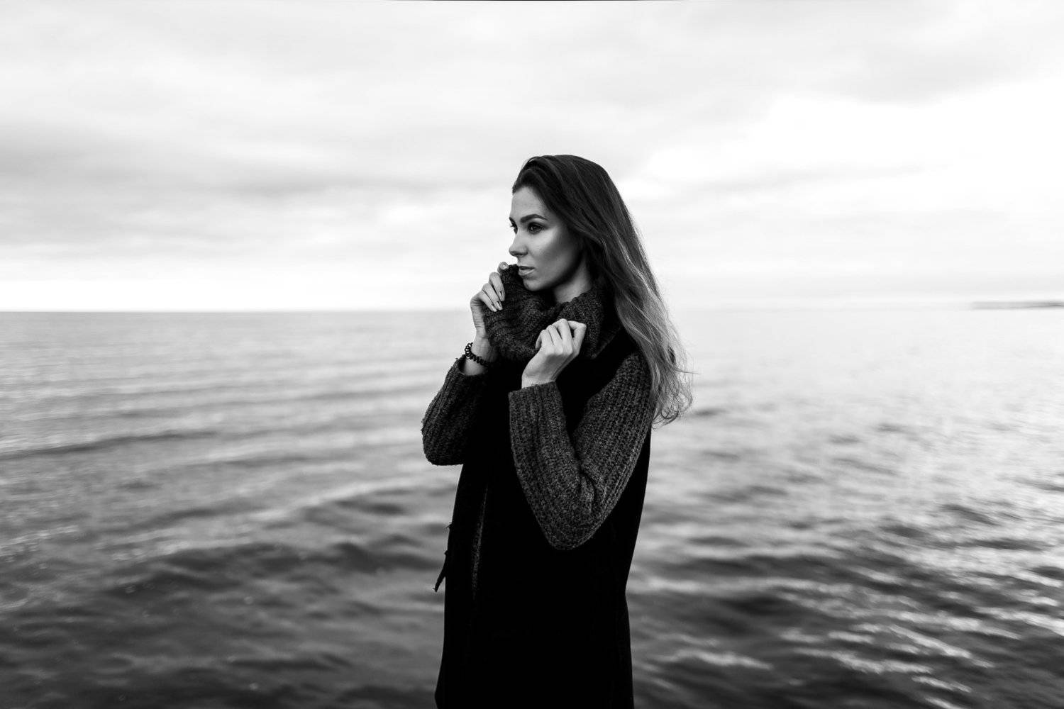 sea, girl, wind, weather, beauty, black and white, hair, beach, Dmitry Bastet