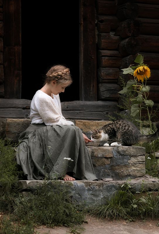 девочка кот деревня лето photo preview