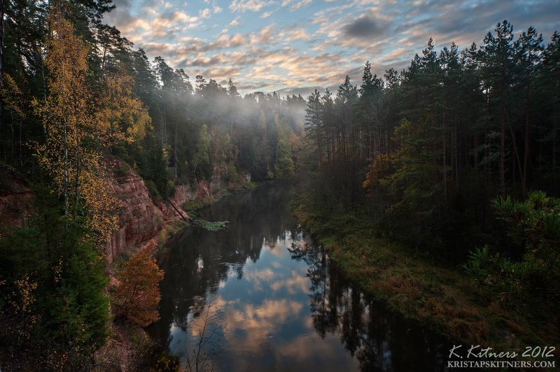 river cliff reflection autumn forest tree leaf fog morning sky clouds Autumn On The Riverphoto preview