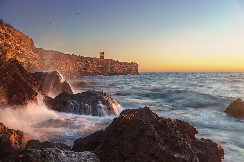 маяк, море, закат, берег \