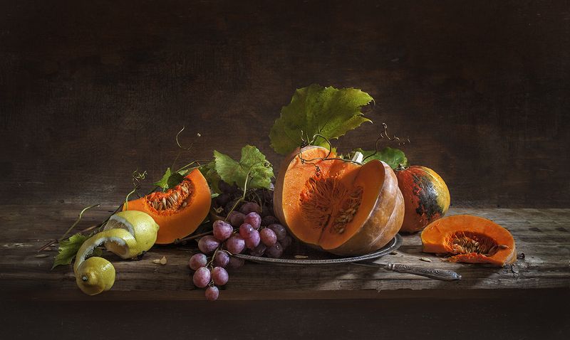 натюрморт, тыква, виноград,still life Натюрморт с тыквой и виноградомphoto preview