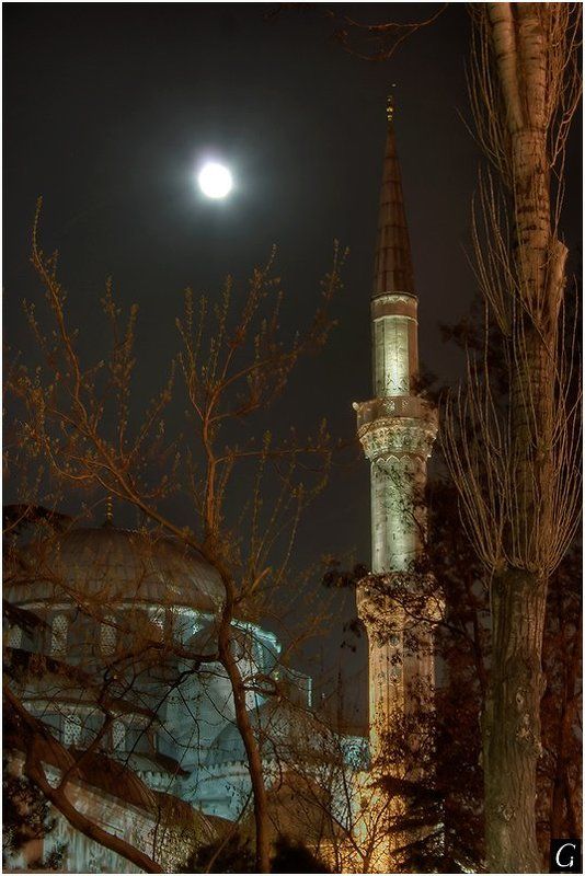 турция, стамбул, мечеть, минарет, луна, hdr Апрельская лунная ночь в Стамбуле.photo preview