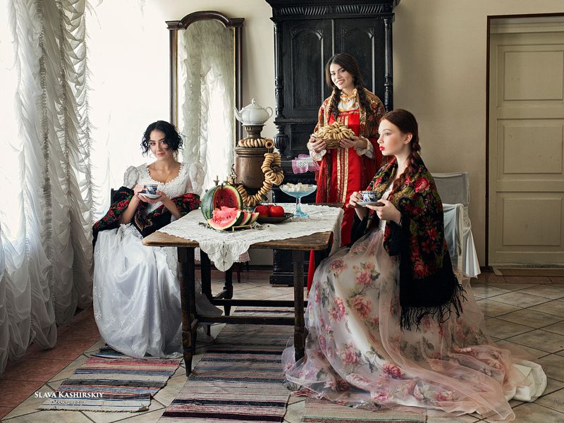 чаепитие, усадьба, самовар, чай, плющки, баранки, арбуз Чаепитиеphoto preview