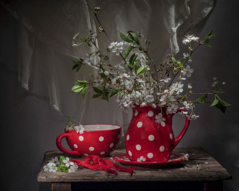 весна.горошек,вишня в цвету. Настроение в горошек.photo preview