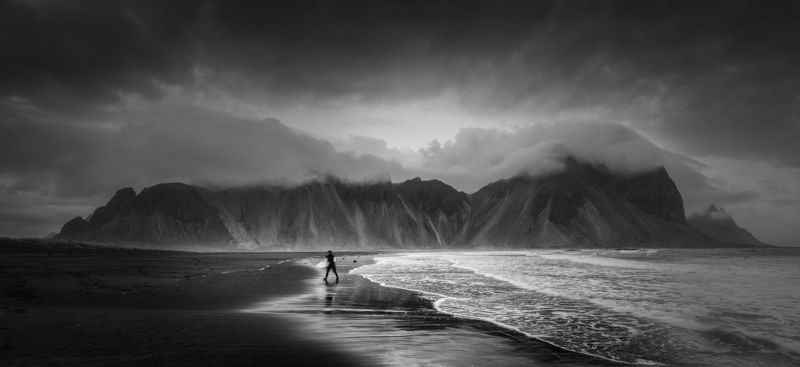 ice, landscape, nature, beach, nature, ocean, black&white, iceland Surf around the Vestrahorn.photo preview