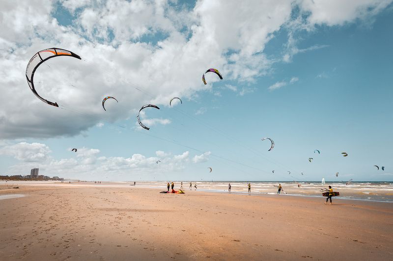 пляж, солнце, море, облака, кайты, струны, стропы, люди, тени, северное море *Натяжение*photo preview