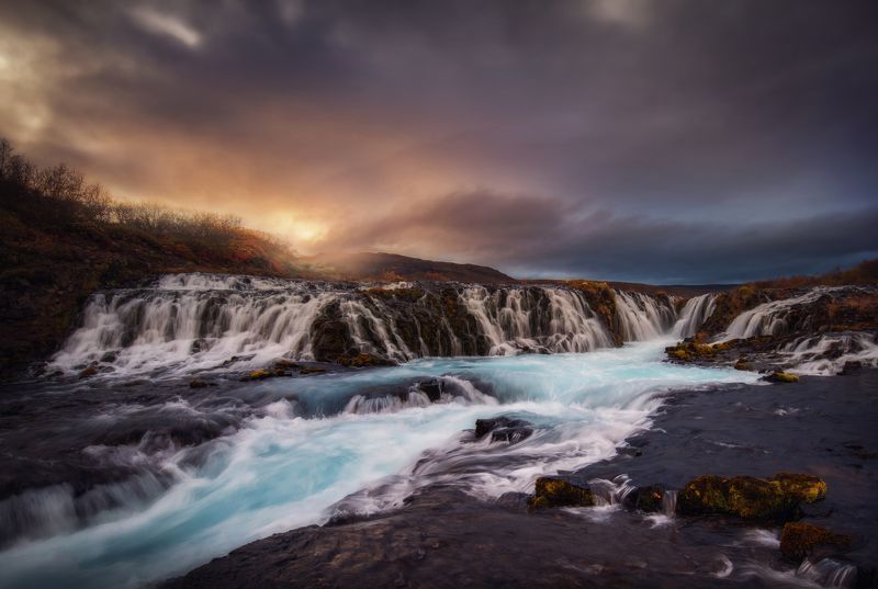 burarfoss, iceland, landscape, waterfall, sunset Burarfossphoto preview