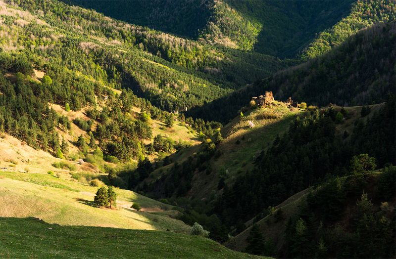 природа, пейзаж, кавказ, горы, весна, вечер, панорама, закат, солнце, небо, облака, свет ***photo preview