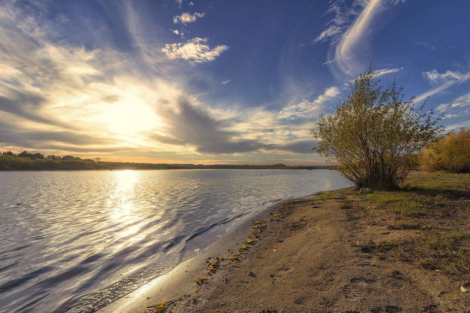 закат, осень, река, небо, облака, отражение, солнце, Пушкарев Николай