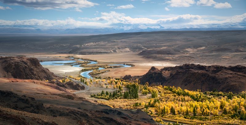 пейзаж, природа, панорама, горы, красная, желтая, золотая, осень, Алтай, Сибирь, холмы, Южно-Чуйский, хребет, река, Чуя, степь, долина, лес, широкий, большой, высокий Красная горкаphoto preview