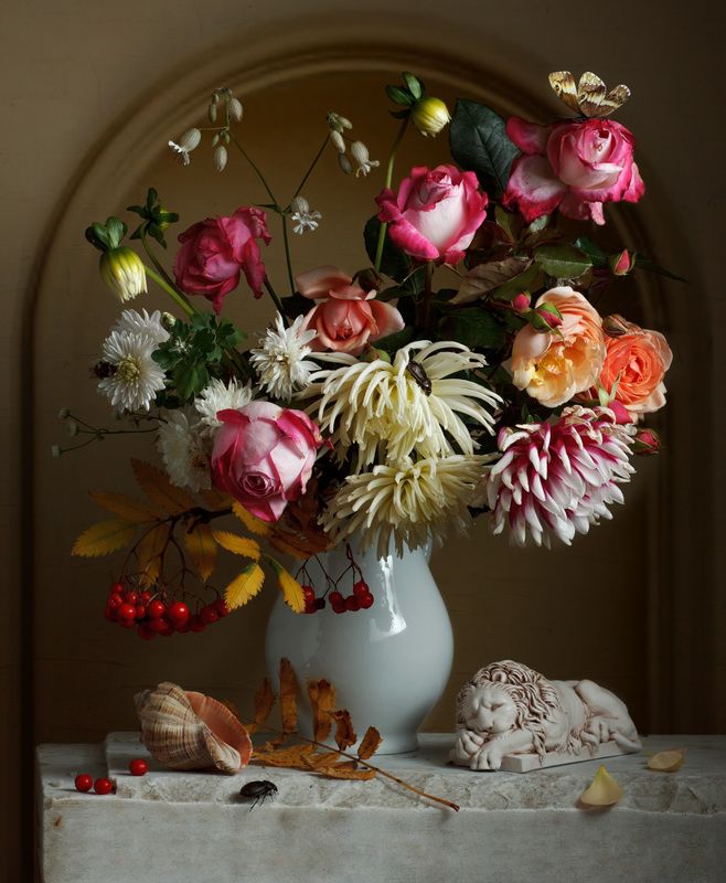 натюрморт, роза, георгин, статуэтка, голландский, жук Букетphoto preview