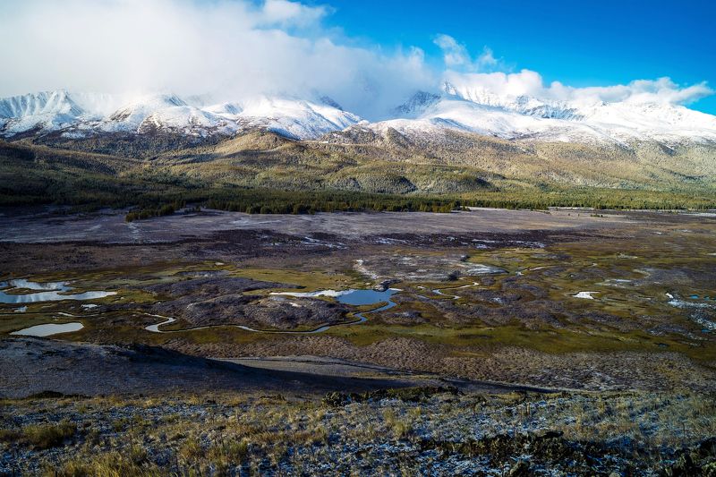 природа пейзаж алтай утро горы вершины облака ештыколь озера отражение Урочище Ештыкель...photo preview