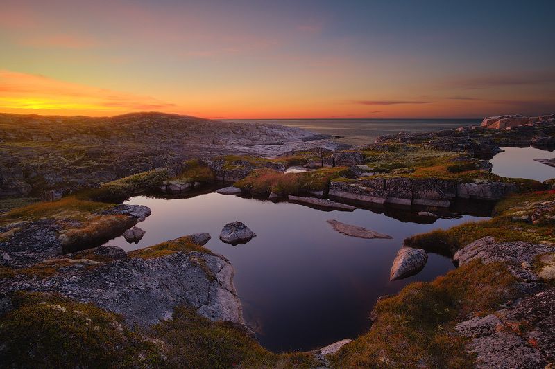 россия, кольский полуостров, север, териберка, природа, пейзаж, осень, море, закат, сумерки, вода, волна, камни, длинная выдержка Русский Север фото превью