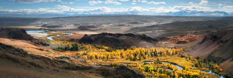 пейзаж, природа, панорама, горы, красная, желтая, золотая, осень, Алтай, Сибирь, холмы, Южно-Чуйский, хребет, река, Чуя, степь, долина, лес, широкий, большой, высокий Панорама с «Красной горки»photo preview
