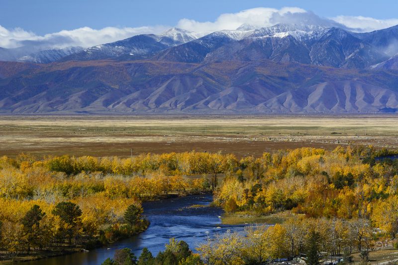 природа, пейзаж, горы, река, осень, облака, солнце photo preview