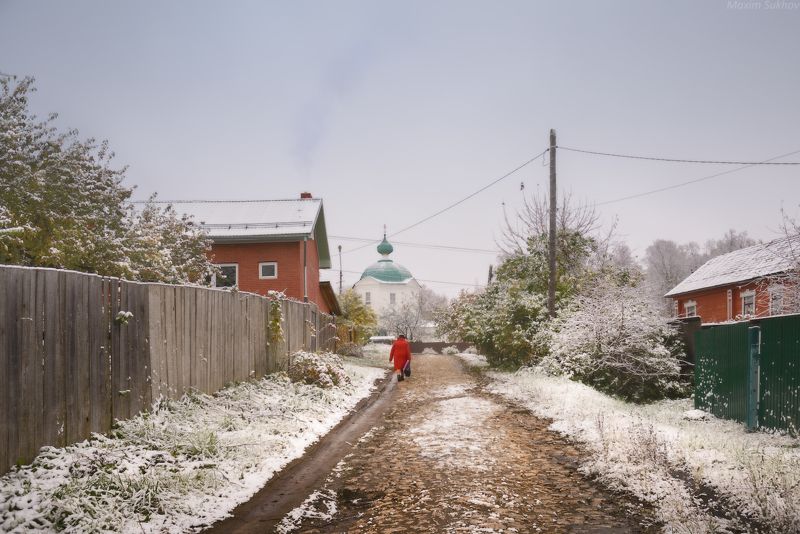 церковь, храм, утро, снег, первый снег, дорога, улица, деревня, камни Дорога к храмуphoto preview