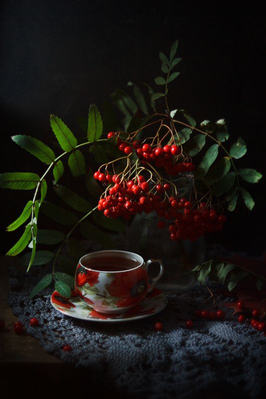 рябина, натюрмрт, чай, осень с веткой рябиныphoto preview