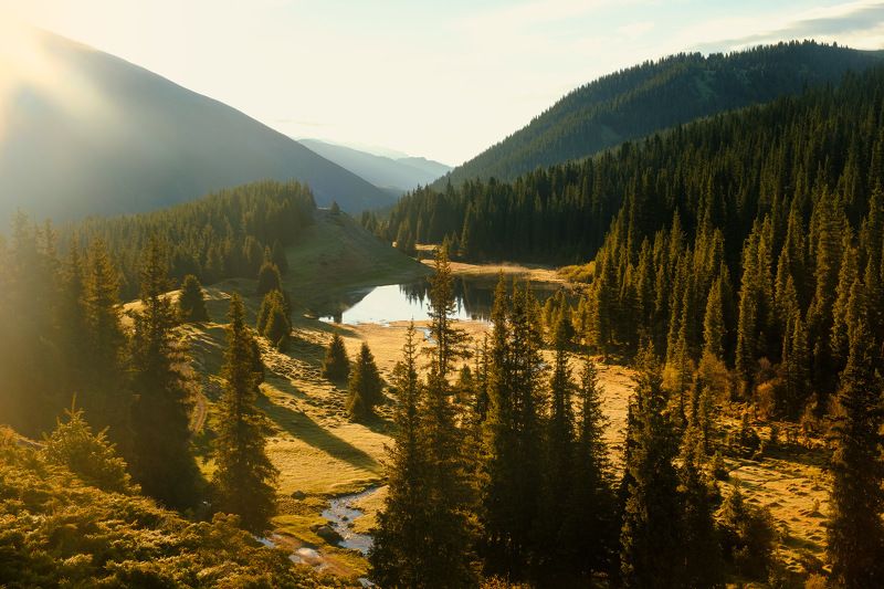 киргизия, азия, пейзаж, природа, весна, горы, ущелье, рассвет, лес, река, путешествие, озеро, отражение Солнечная Киргизияphoto preview