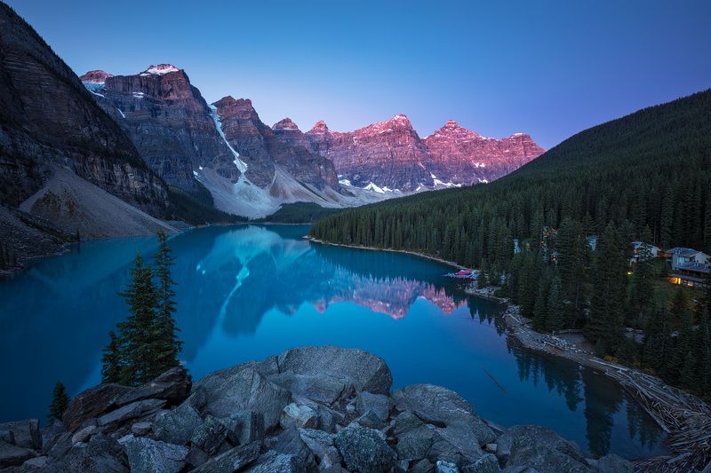 moraine, lake, canada, morning, peaks, banff, national park, mood, twilight, dawn, sky, reflection, colors, rocks, trees Moraine Lakephoto preview
