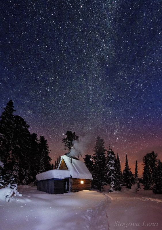 тайга, домик, ночь, зима, звезды Домик в тайгеphoto preview