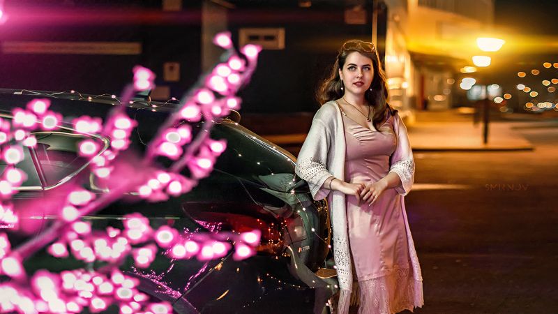 девушка, портрет, вечер, город, свет, боке Ксюшаphoto preview