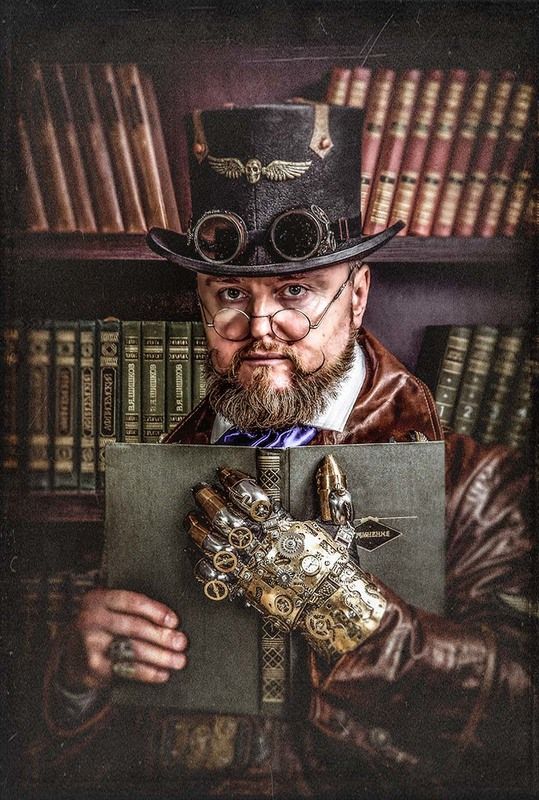 стимпанк,портрет,мужчина,очки,гогглы,steampunk,жанр,жанровый портрет,ч/б,глаза,викторианская эпоха,доктор Маркус,Лорд командующий,библиотека,книги,механическая рука Доктор Маркусphoto preview