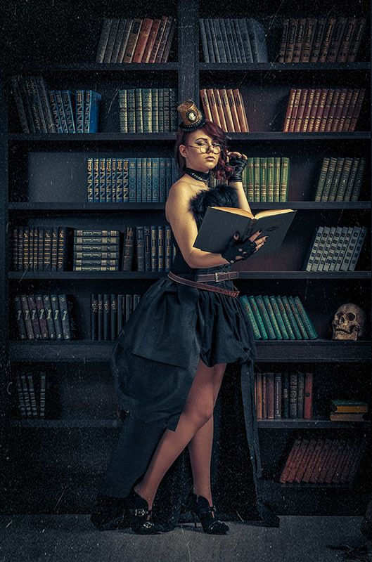 стимпанк,девушка,библиотека,книга,портрет,время,часы,steampunk,викторианская эпоха,Violetta,library Violetta in the libraryphoto preview